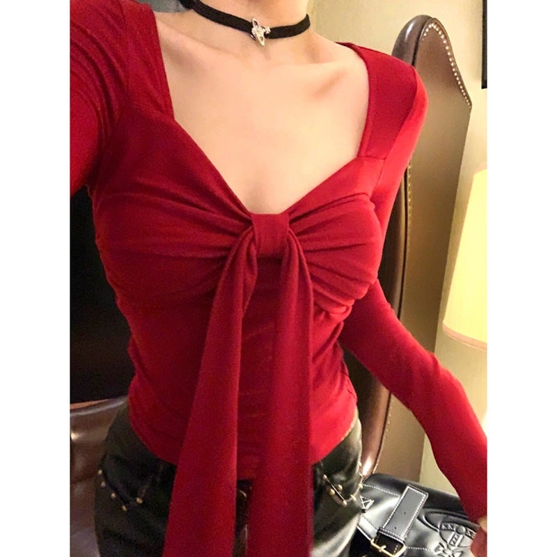 Jin Jing Guan Tu [Rayon Rib] New Year'S Wear Red Bow Long Sleeve T-Shirt Pure Tight Base Shirt - Image 5